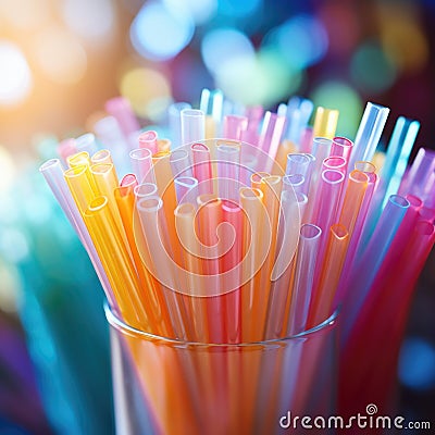 Many colorful plastic straws in a glass, AI Stock Photo