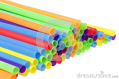 Many colorful plastic straws with opening forward isolated Stock Photo