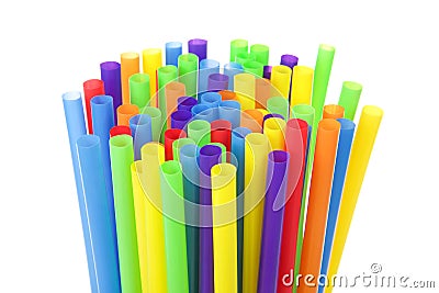 Many colorful plastic straws with opening upwards isolated Stock Photo