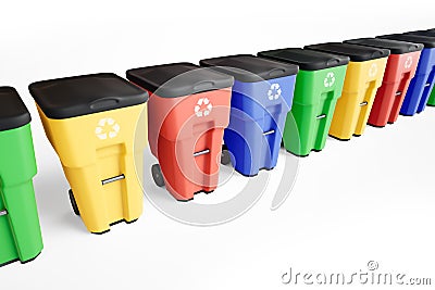 Many colorfull plastic garbage bins with recycling logo, staked on row. Stock Photo