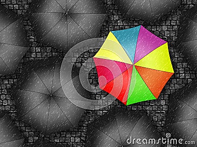 Many colors umbrella. Bright umbrella among set of black umbrellas. Rain drops Stock Photo