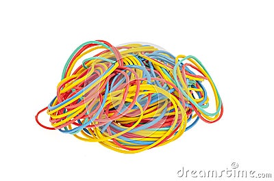 Many colourful multi coloured elastic rubber bands on white background Stock Photo
