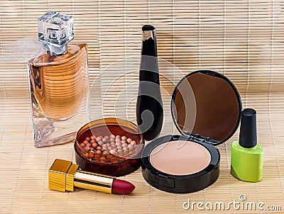 Many colourful woman cosmetics tools Stock Photo