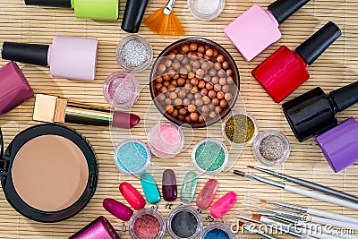 Many colourful woman cosmetics tools Stock Photo