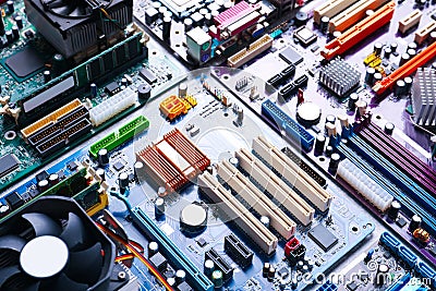 Many computer motherboards on table. Electronic device Stock Photo