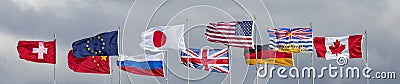 Many Country Flags in the wind Stock Photo