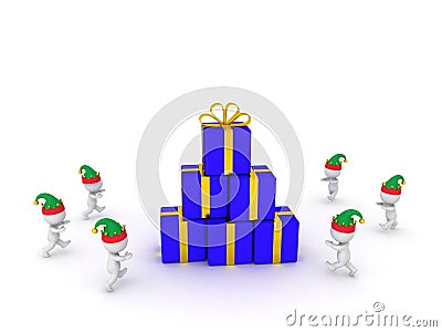 Many 3D Characters Wearing Elf Hats Running Toward Stack of Wrapped Gifts Stock Photo