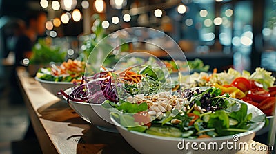 many delicious vegetarian different salads in restaurant, vegan menu Stock Photo