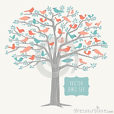Many different birds in a tree at springtime Vector Illustration