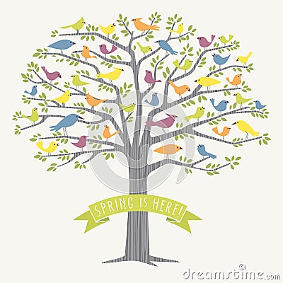 Many different birds in a tree at springtime Vector Illustration