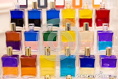 Many different color perfume glass bottles Stock Photo