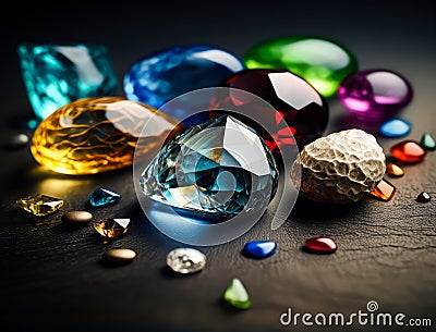 Many different coloured gemstones on a dark table created with generative AI technology Stock Photo