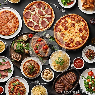 many different dishes standing next to each other shot from above. include pizza, lasagne, steak, burger - 1 Stock Photo