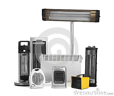 Many different electric heaters on white background Stock Photo