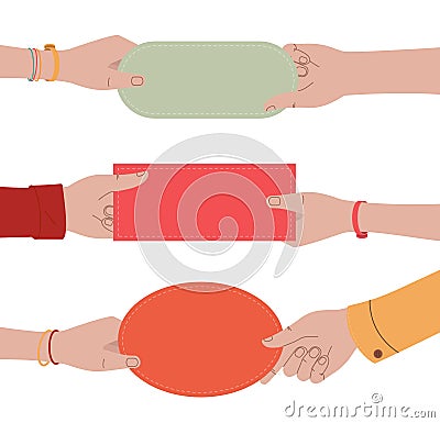Many different hands hold speech bubbles. Uniting to support a common case, delivering a shared message, promoting an Vector Illustration