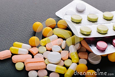 Many different medicines, tablets, tablets, capsules. Stock Photo