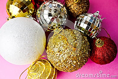 Many different multicolored shiny Christmas decorative beautiful xmas festive Christmas balls, Christmas tree toys background Stock Photo