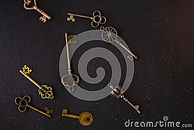 Many different old keys from different locks. Finding the right key, encryption, concept. Stock Photo