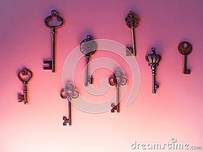 Many different old keys from different locks, in order, flat lay. Stock Photo