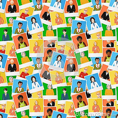 Many different polaroid instant photos with flat portraits of people on colourful backgrounds, seamless pattern Stock Photo