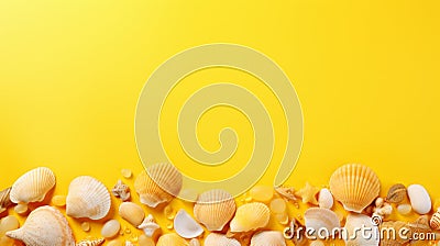 Many different seashells on bright yellow background. Neural network ai generated Stock Photo