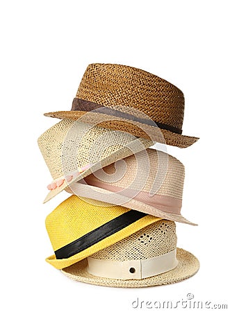 Many different stylish straw hats on white background Stock Photo