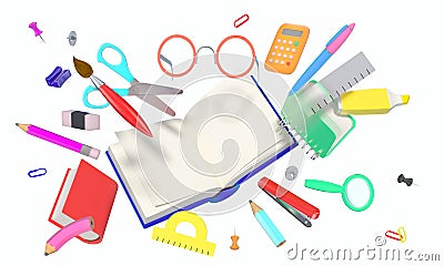 Many different stylized school related objects isolated on white Stock Photo