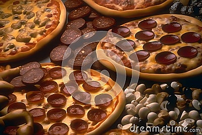 Many different types of pizza. Neural network AI generated Stock Photo