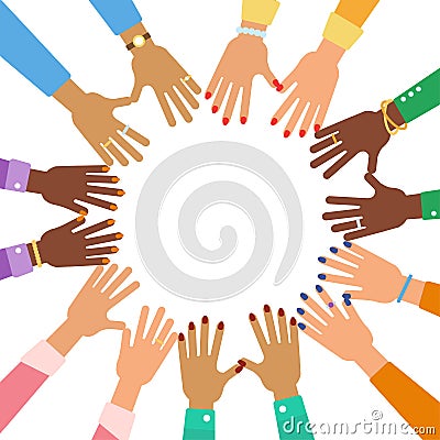 Many different women hands with accessories in circle. Multicultural friendship and unity concept. Girl power flat vector Vector Illustration