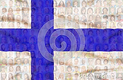 Many diverse faces on Finland national flag Stock Photo