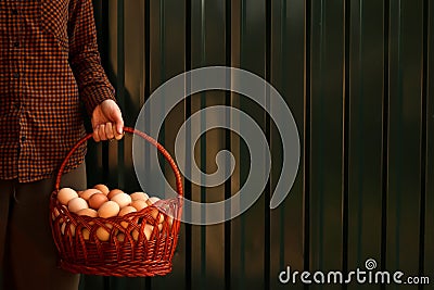 Many eggs in basket. Young female farmer holding whole basket of brown organic eggs on modern green background. Poultry Stock Photo