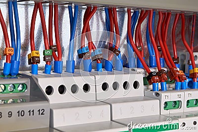 Many electrical wires or cables are connected to magnetic starters and other electrical devices Stock Photo