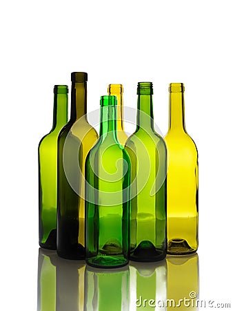 Many empty green wine bottles isolated Stock Photo