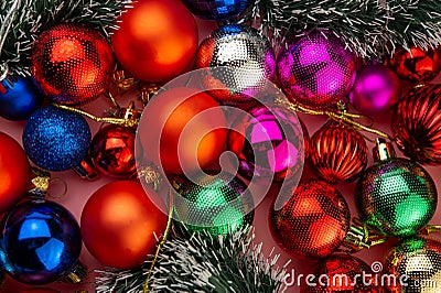 Many festive multicolored decorative balls Stock Photo