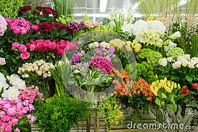 Many flowers in florist shop Stock Photo