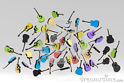 Many of flying acoustic guitars isolated on white background. Stock Photo