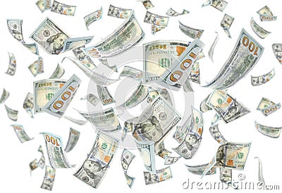 Many flying American banknotes on white Stock Photo