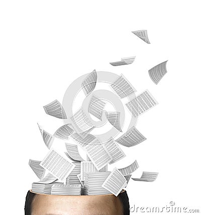 Many flying business documents of human head isolated on white. Cartoon Illustration