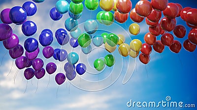Many flying colorful balloons against blue sky. 3D rendered illustration Cartoon Illustration