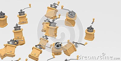 Many of flying manual wooden coffee grinder on white background. Stock Photo