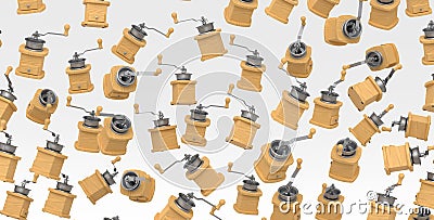 Many of flying manual wooden coffee grinder on white background. Stock Photo