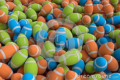 Many of flying multicolor american football ball falling on white background Stock Photo