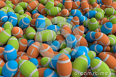 Many of flying multicolor american football ball falling on white background Stock Photo
