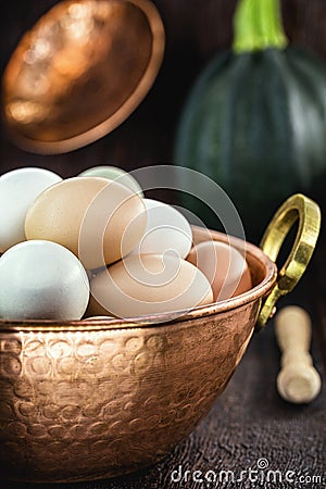 Many free-range eggs, large Brazilian eggs from chickens from minas gerais, in old rustic cuisine Stock Photo