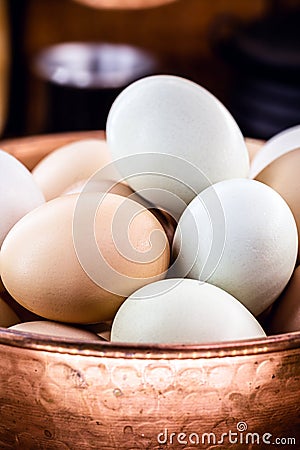 Many free-range eggs, large Brazilian eggs from chickens from minas gerais, in old rustic cuisine Stock Photo