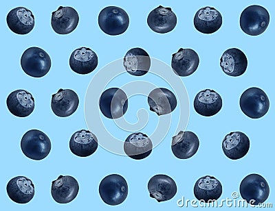 Many fresh blueberries on blue background. Pattern design Stock Photo
