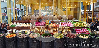 Many fresh fruit durian, orange dragon fruit, melon watermelon, mango, pineapple, tamarind, yam for sale Editorial Stock Photo