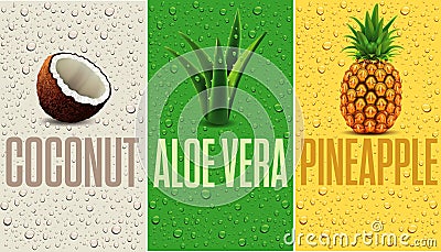 many fresh juice drops background with coconut, pineapple, aloe vera Stock Photo