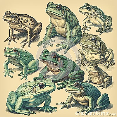 Many frogs, different colors and species, vintage postcard style, retro zoological guide Stock Photo