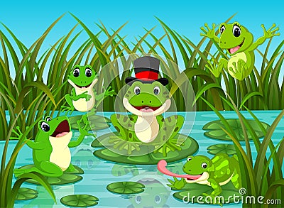 Many frogs on leaf with river scene Vector Illustration